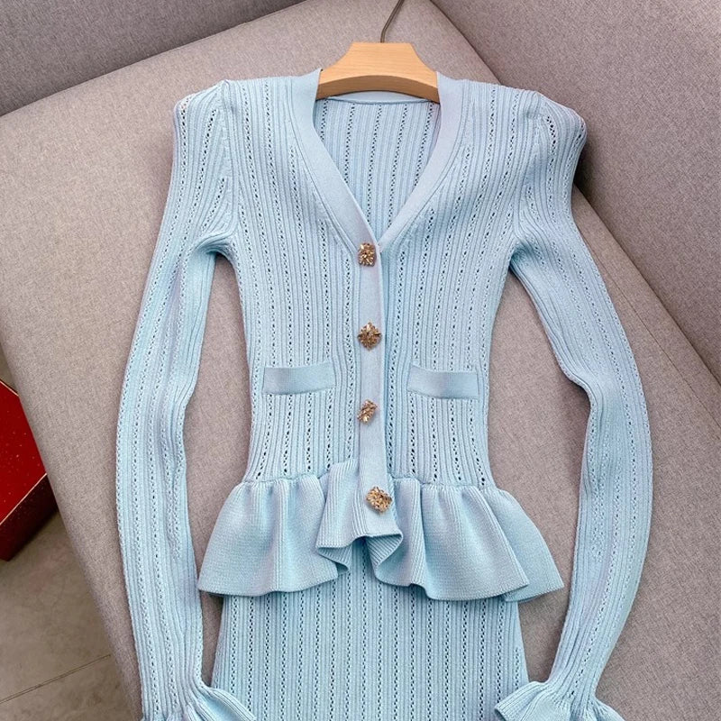 Brand Fashion One-piece Knitted Maxi Dress Women Elegant V-neck Ruffled Slim Waist Bodycon Sweater Dress Party Vestido