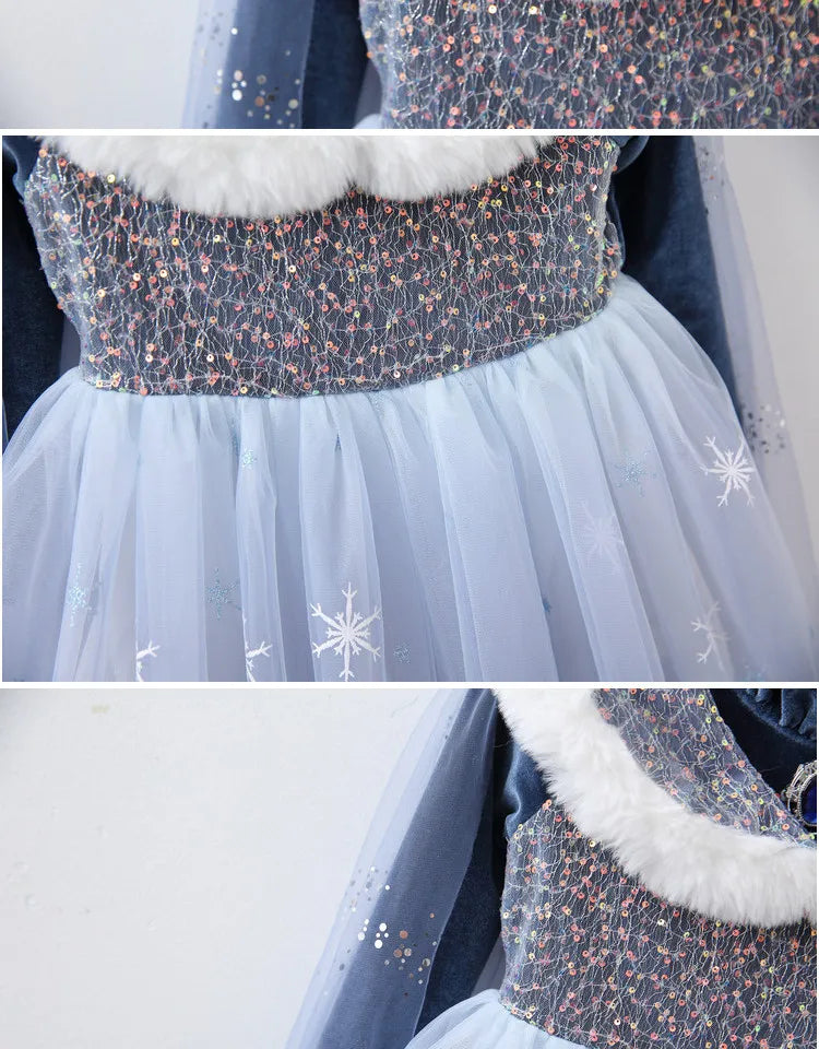 Girls' Spring 2026 New Velvet Elsa Frozen Princess Dress Kids Blue Cape 2 Piece Set Warm Dresses For Girl Party 3-9 Years Old ﻿