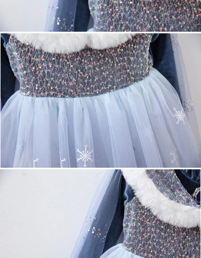 Girls' Spring 2026 New Velvet Elsa Frozen Princess Dress Kids Blue Cape 2 Piece Set Warm Dresses For Girl Party 3-9 Years Old ﻿