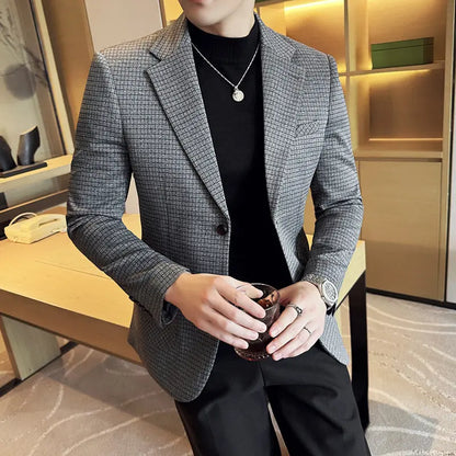 Men's Elegant Grid Suit Jacket 2026 Spring New Fashion Slim Blazer Jackets Social Prom Dress Jacket Men's High Quality Clothing