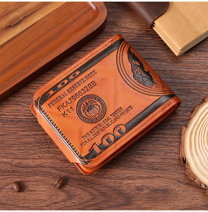 Fashion Wallets with 100 US Dollar Pattern Hasp Male Leather Wallet with Zipper Card Holder Coin Pocket Purse Cartera Women Men
