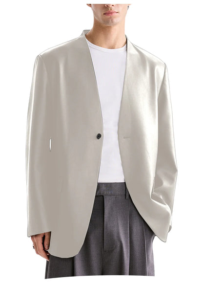 Luxury Men's PU Leather Blazer Collarless Jacket Loose 1 Button Elegant Solid Color Coat for Party Wedding Office Daily Wear