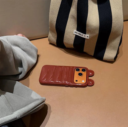 Coordinated Winter Bear-Ear Down Jacket For iPhone 17 16 15 14 Pro Max Phone Case Shockproof Fashion Cover Skin Leather Funda