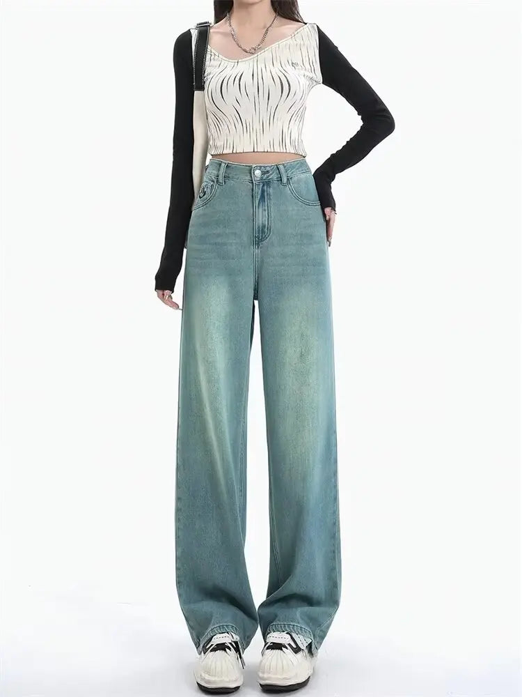 Women Comfortable Thin Denim Pants New Female Vintage Mid Waisted Jeans Pants Girls Smile Edition Straight Leg Jeans Trousers