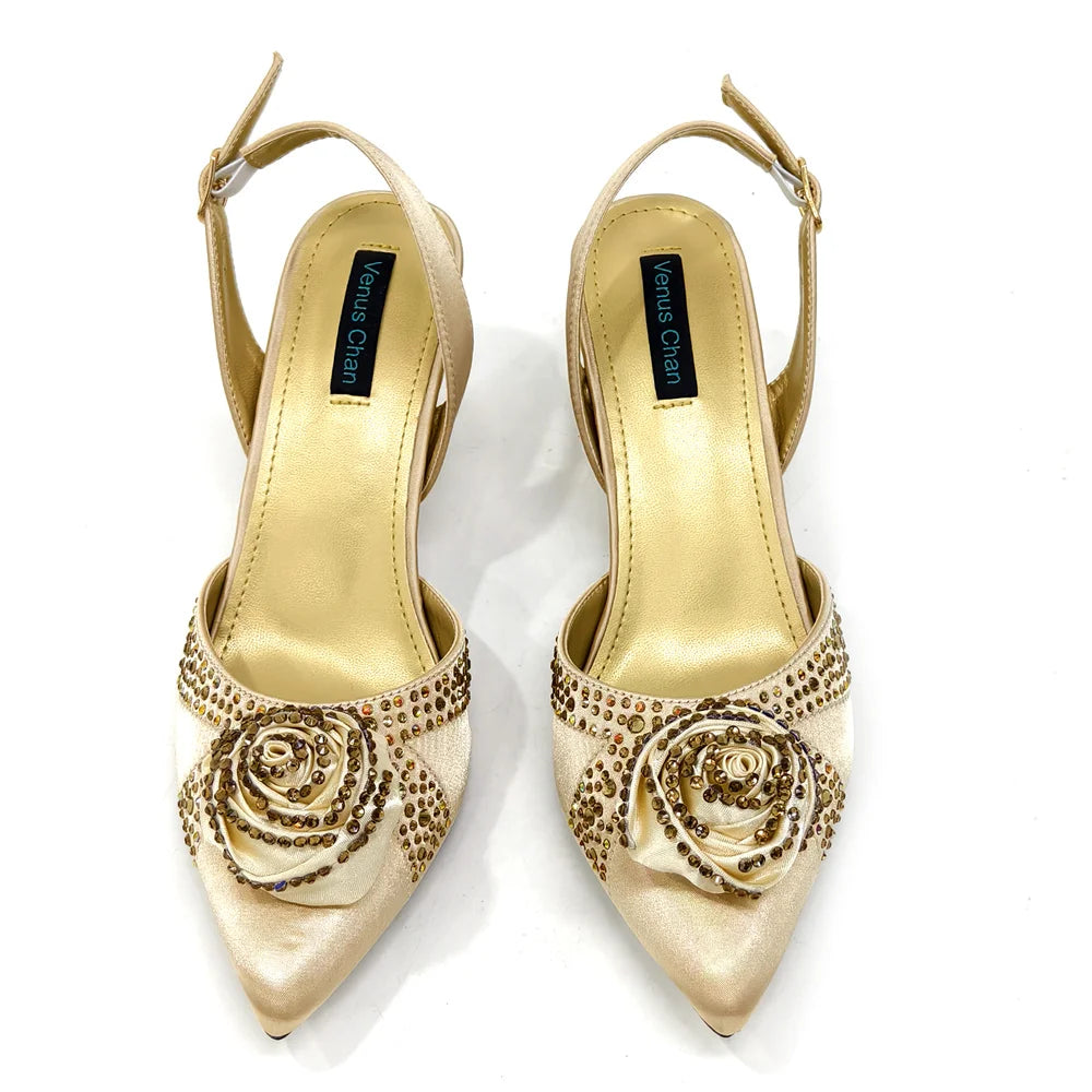 Sparkling Rhinestone Rose Pumps With Medium Heel for Nigerian Women's Party, Pointed Toe Shoes and Matching Bags
