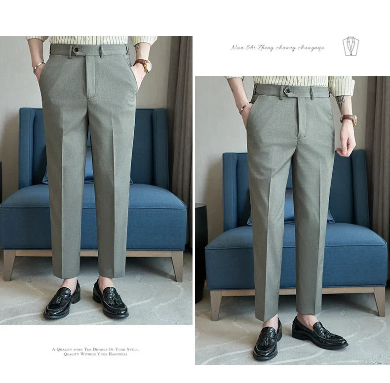 British Style Elastic Waist Men's Casual Slim Fit Trousers Summer High Quality Business Office Dress Wedding Party Suit Pants