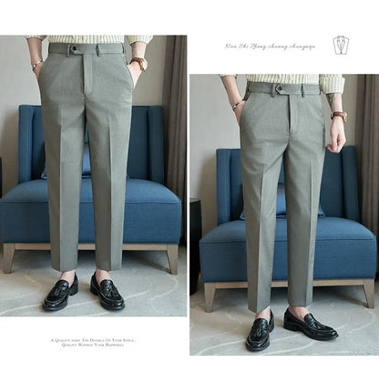British Style Elastic Waist Men's Casual Slim Fit Trousers Summer High Quality Business Office Dress Wedding Party Suit Pants