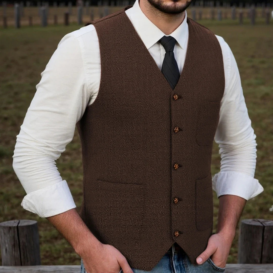 Men Vest Brown Herringbone Single Button With Pocket Waistcoat For Wedding Party Business Work Office Daily Casual Men Suit Vest