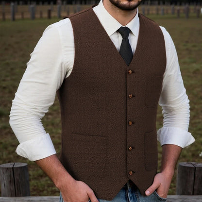 Men Vest Brown Herringbone Single Button With Pocket Waistcoat For Wedding Party Business Work Office Daily Casual Men Suit Vest