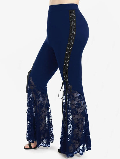 Plus Size Womens Pull On Flare Pants Gothic High Waist Overlength Lace Panel With Lace-up Pleated Trousers Skinny Pants