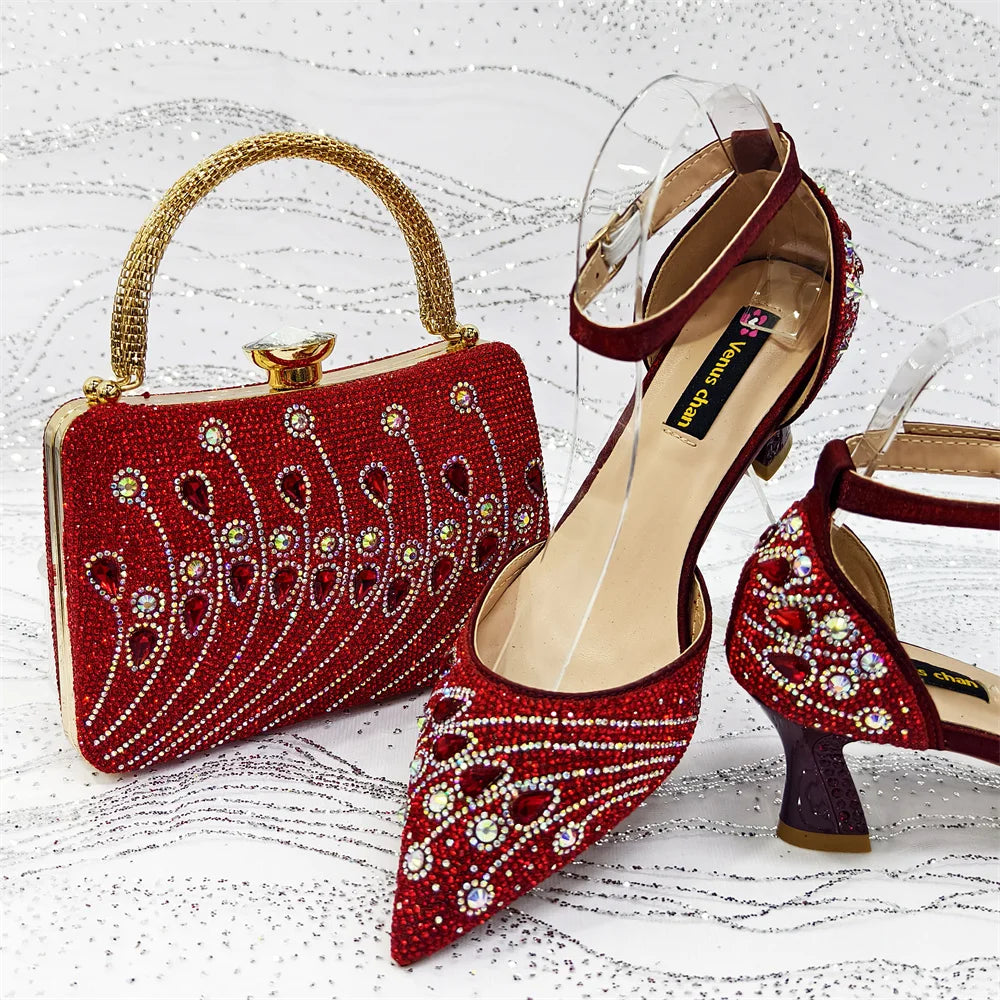 Elegant Italian Rhinestone Pointed-Toe High Heel Shoes with Matching Handbag Set - Stylish & Comfortable Women's Footwear