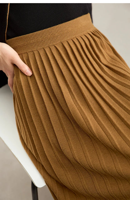 AMII تنورة نسائية بطيات 2024 بتصميم بسيط ملابس خريفية جديدة فضفاضة بخصر مطاطي تنورات حياكة بطول الكاحل على شكل حرف A 12323091