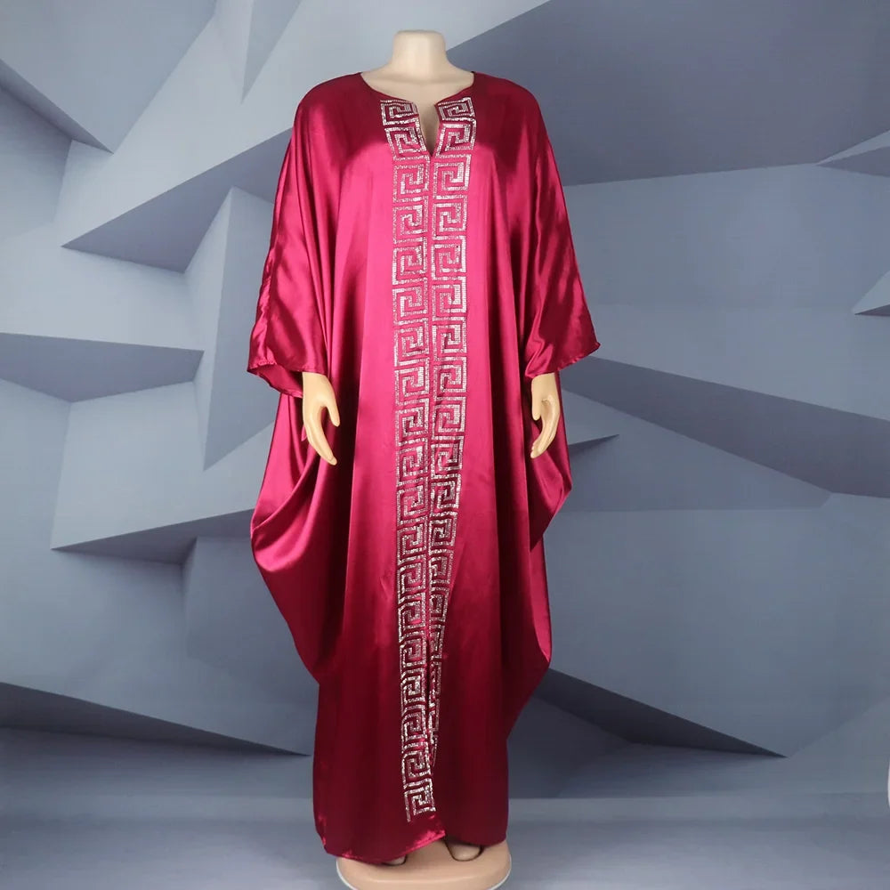 Fashion African Woman Large Size Bat Sleeve Dress Muslim Islamic Style Robe Imitation Silk Hot Fix Rhinestone