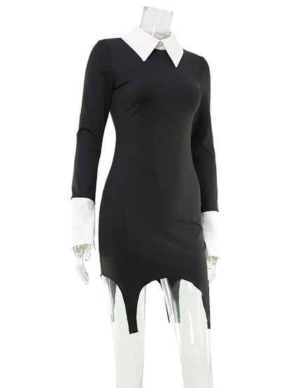 Turn-down Collar Solid Patchwork Long Sleeve Women Dresses Hip Wrap Fashion Sheath Outfits Female Sexy Club Bodycon Robe