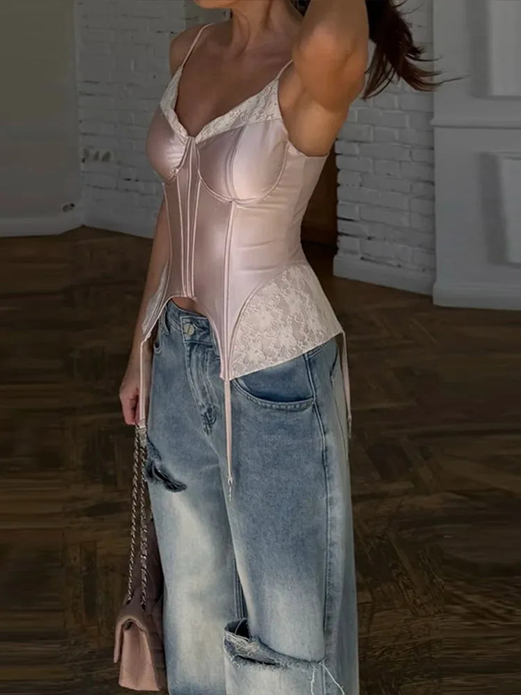 Sexy Lace Patchwork Women Tank Top Club Zippers Sling Deep V-neck Backless Female Vest 2026 Summer Vacation Lady Crop Tops