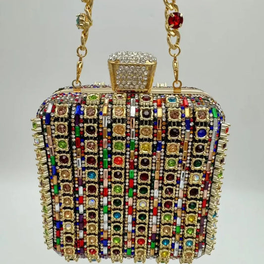 Handmade Diamond Encrusted Square Clutch Evening Bag Small Size Portable Sparkling Polyester Fiber Dinner Bag for Women