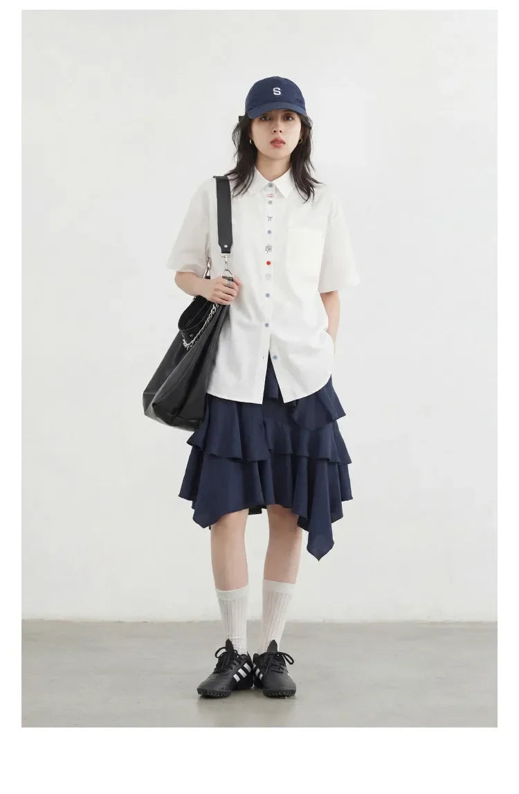 Fashion Women Shirt Short Sleeve Loose Casual Design Button Embroidered Placket Female Blouses Cotton Coat Summer 2026