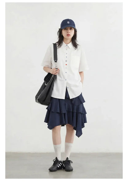 Fashion Women Shirt Short Sleeve Loose Casual Design Button Embroidered Placket Female Blouses Cotton Coat Summer 2026