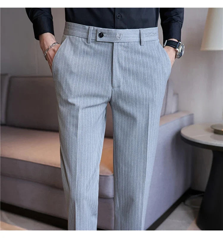 New Korean Style Fashion Striped Embroidery Suit Pants Men's Business Slim Casual Straight Pants Formal Wedding Party Trousers