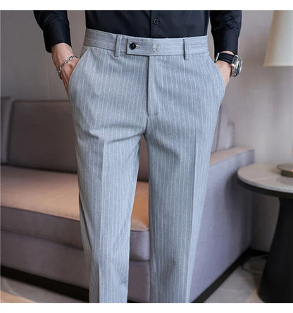 New Korean Style Fashion Striped Embroidery Suit Pants Men's Business Slim Casual Straight Pants Formal Wedding Party Trousers