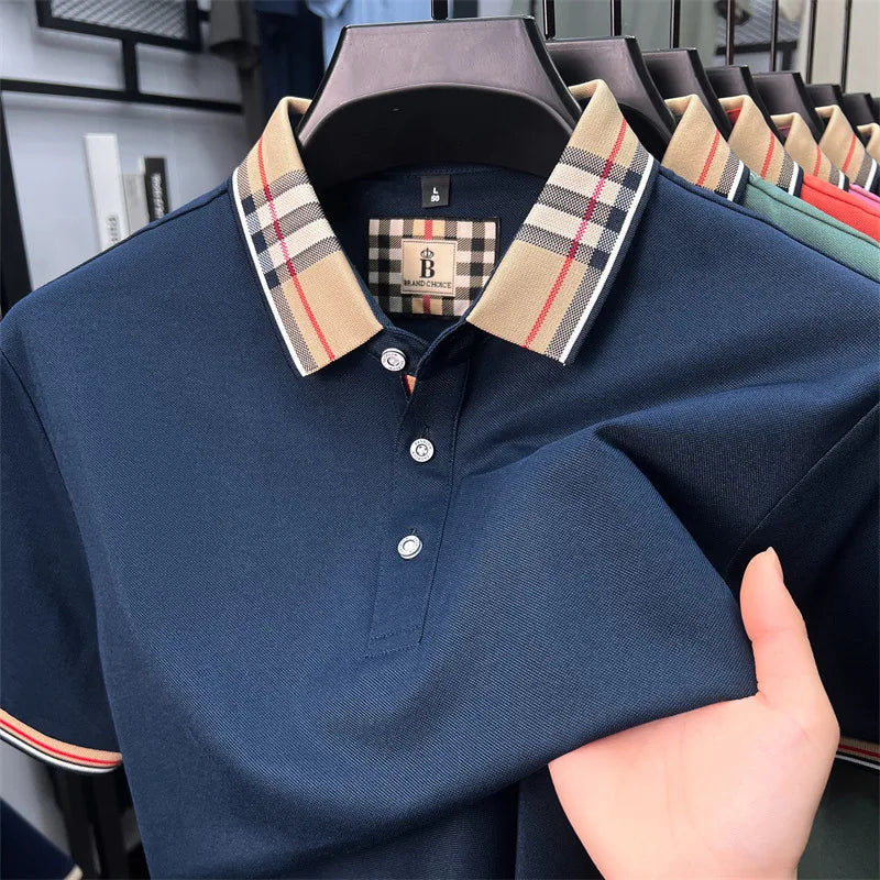 Luxury brand short sleeve polo shirt men fashionable simple solid color summer mercerized cotton breathable casual lapel T shirt
