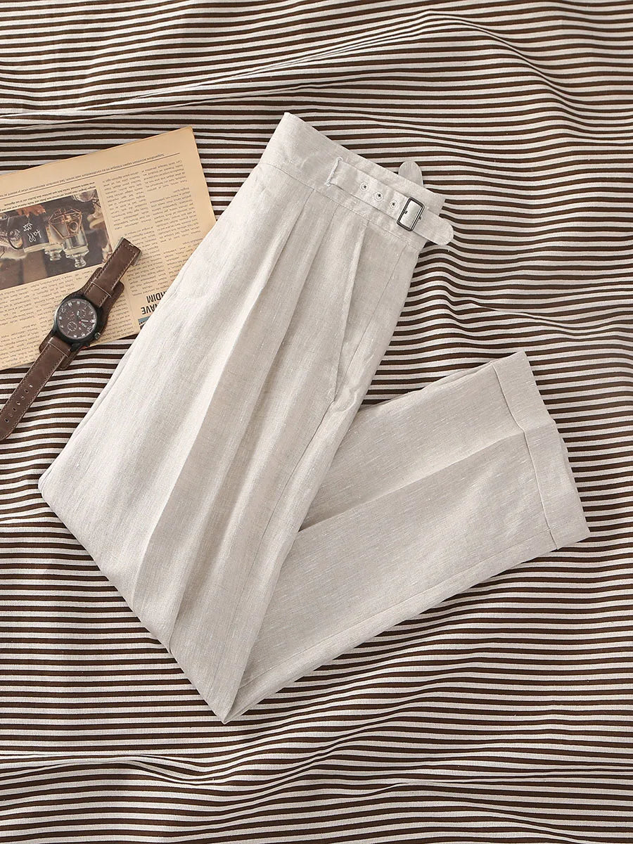 Men's 100% Linen Gurkha Pants - Italian Casual Style, Straight Leg, Relaxed Fit with Adjustable Waist, Old Money Aesthetic