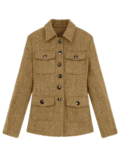 Men's Herringbone Wool Blend Blazer Jacket Notch Collar Utility Multi-Pocket Casual Overcoat For Spring Autumn