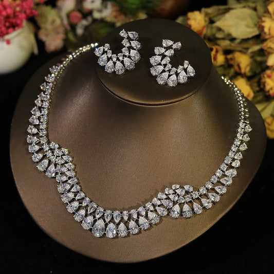 Luxury Sparkling Zircon Geometric Design Wedding Necklace Jewelry Sets Bijoux Femme Ensemble X0610