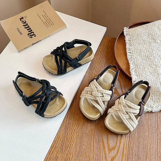 Children's Boho Braided Sandals Summer New Boys Girls Casual Shoes for Outdoor Daily Wear Open-toe Kids Platform Beach Sandals