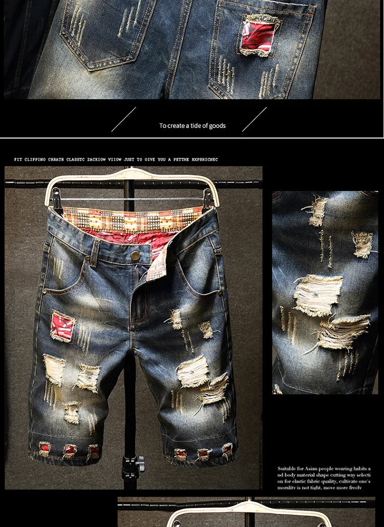New in Ripped Shorts Men's Summer Fashion Hip Hop Vintage Short Jeans Slim High Street Hole Knee Long Pants Male