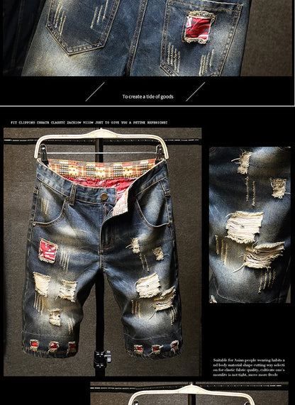 New in Ripped Shorts Men's Summer Fashion Hip Hop Vintage Short Jeans Slim High Street Hole Knee Long Pants Male