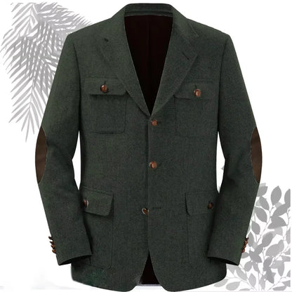 Autumn Winter Multi-Pocket Hunting Jacket Herringbone Tweed Men's Sporty Formal Blazers Suit Vintage Elegance Menswear 2025 NEW