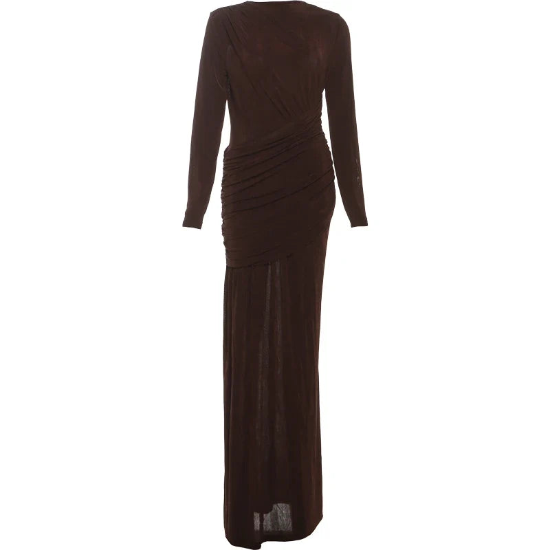 Folds Maxi Dress Women O-Neck Full Sleeve Solid Banquet Elegant Vacation Fashion Autumn Skinny Casual Simple Vestido