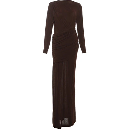 Folds Maxi Dress Women O-Neck Full Sleeve Solid Banquet Elegant Vacation Fashion Autumn Skinny Casual Simple Vestido