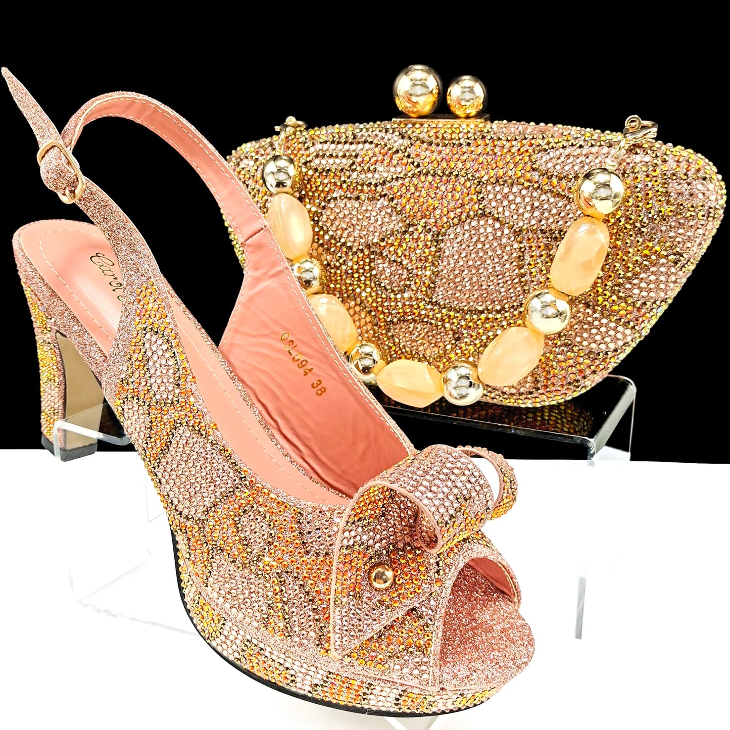 Nigeria Women's Open Toe High Heels Package Set Leopard Colorblocking Hot Rhinestones Fashion Sexy High Heels