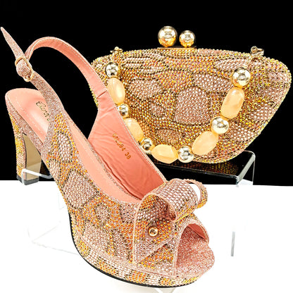 Nigeria Women's Open Toe High Heels Package Set Leopard Colorblocking Hot Rhinestones Fashion Sexy High Heels