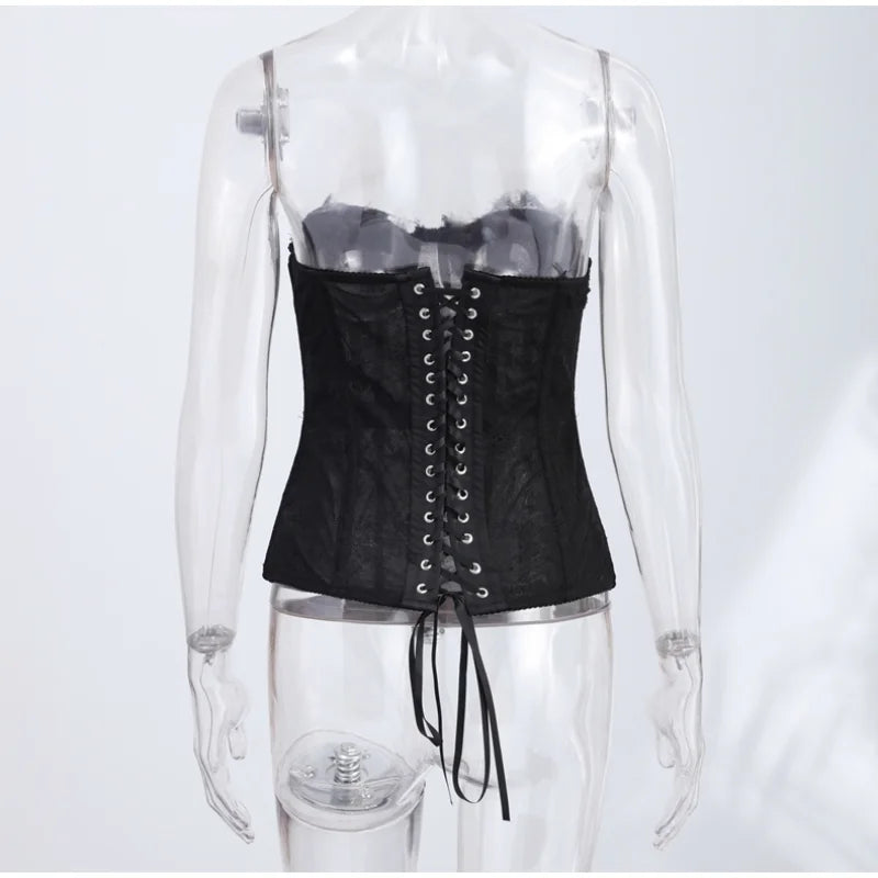 Sexy Women Sheer Lace Corset Top Bodycon Strapless Boned Bustier Sleeveless Back Lace-up Outfit 2026 New Fashion Party Clubwear