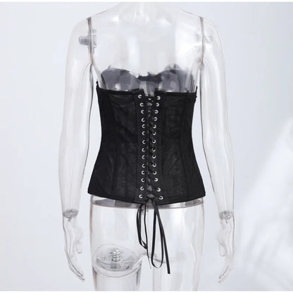 Sexy Women Sheer Lace Corset Top Bodycon Strapless Boned Bustier Sleeveless Back Lace-up Outfit 2026 New Fashion Party Clubwear