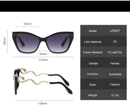 Fashion Large Frame Cat Eye Sunglasses Women Gradient Glasses Punk Color Block Design Sexy Ladies Metal Snake Eyeglasses