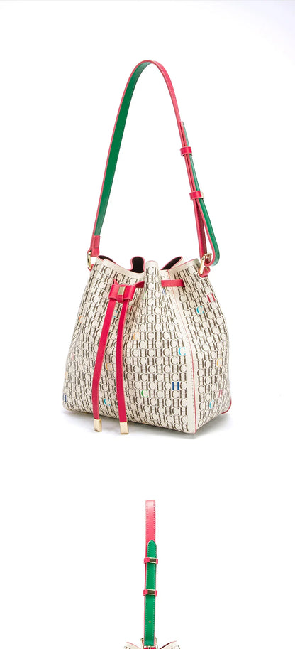 Letter Print Drawstring Opening Classic Women's Shoulder Bag Fashion Printed Bucket Bag Women's Vintage Crossbody Bag
