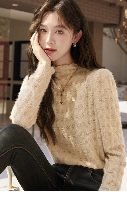 Lace Bottoming Shirt Women Autumn Winter Mock Neck Long Sleeve Knitted Pullover French Warm Inner Top Female MXC58Z0481