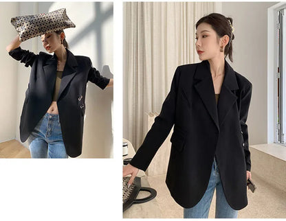 Women Black Oversize Casual Jacket New Lapel Long Sleeve Loose Blazer Fashion Pin Office Ladies Suits Coat Spring Autumn 2023