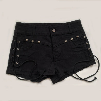 Summer Y2K Black Gothic Denim Shorts Women Skinny Creativity Lace-up Popular Streetwear Daily Personality Students Holiday Jeans
