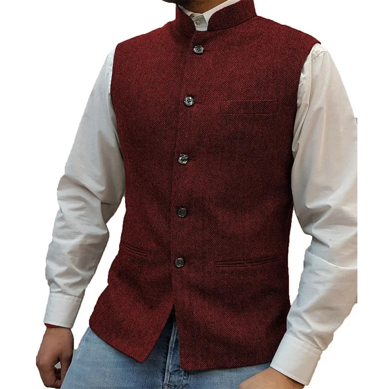 Mens Retro Vest Herringbone Wool Blended Smart Casual Stand Collar Single Breasted Waistcoat Adjustable Buckle Men's Suit Vest