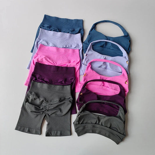 2pcs Sexy Halter Neck Beautiful Back High Waist Peach Sports Bras Set Suit Pilates Gathering Training Yoga Vest Fitness Bra