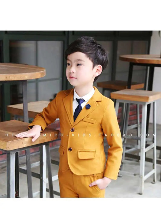 Flower Boys Orange Dress Kids Slim Blazers + Pants 2PCS Party Wedding Suit Children Photography Clothing Set Gentle Prom Costume