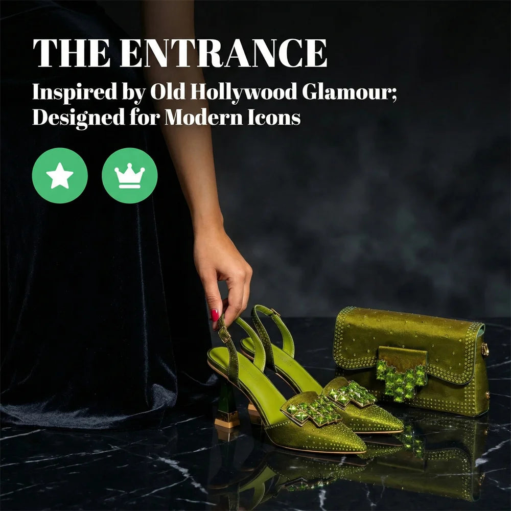 2026 INS Italian Design Olive Green Rhinestone Pointed-Toe Women's High Heels & Matching Bag Set - Ideal for Parties & Weddings