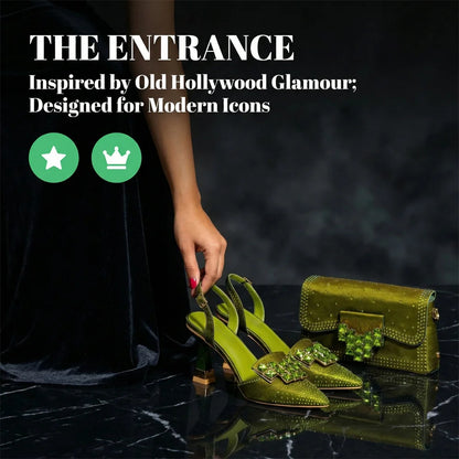 2026 INS Italian Design Olive Green Rhinestone Pointed-Toe Women's High Heels & Matching Bag Set - Ideal for Parties & Weddings