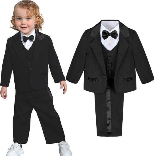 Baby Suit Toddler Tuxedo Infant Boy Tux Formal Wedding Birthday Gentleman Dress Ring Bearer Outfit Black 6 Months to 3 Years