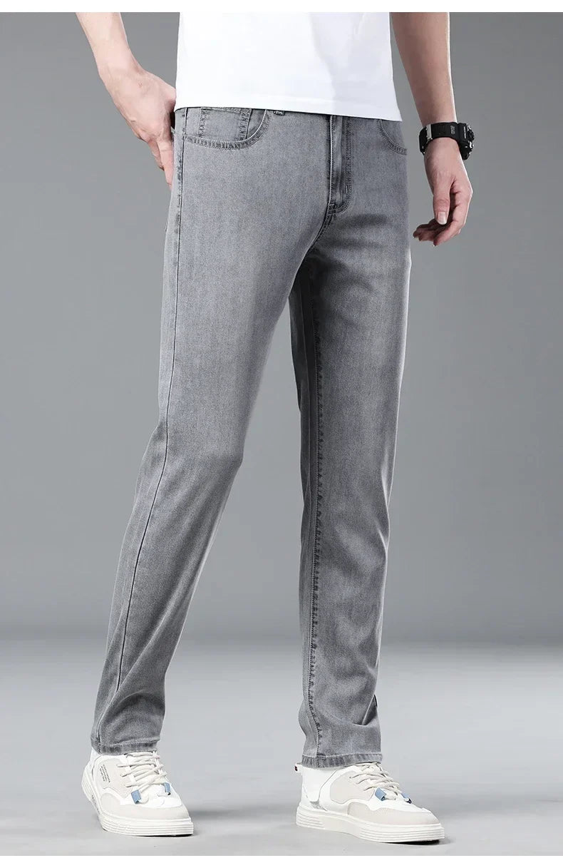 New Men's Thin Lyocell Jeans Soft Business Stretch Fashion Trousers Slim Brand Casual Elasticity Denim Pants Male Clothes